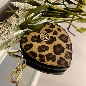 Tory Burch Leopard Heart Coin Case in Tan and Black with Gold Hardware
